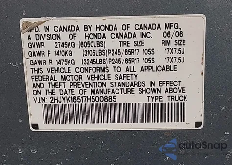 2007 Honda Ridgeline Rtl z USA, uszkodzony, nr VIN 2HJYK16517H500885